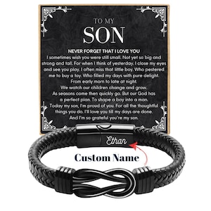 Personalized Son Bracelet Christmas Son Engraved Black Braided Knot Bracelet with Custom Name Gift from Dad or Mom, To My Son Birthday Xmas
