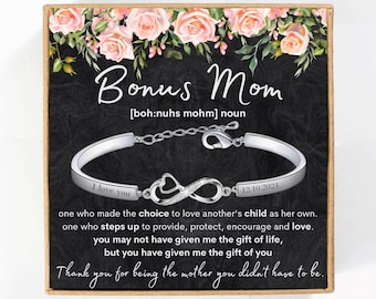 Mother’s Day Gift for Bonus Mom Personalized Infinity Bracelet with Engraving, Bonus Mom Definition Appreciation Gift with Heartfelt Message