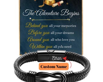 College Graduation Gift for Him 2026, Personalized High School College Grad Bracelet Custom Name Engraved Men's Jewelry The Adventure Begins