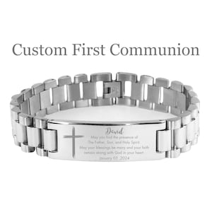 Personalized First Communion Bracelet Engraved Cross Jewelry for Boys Christian Faith Gift for Son, Grandson, Godson Religious Keepsake Boys