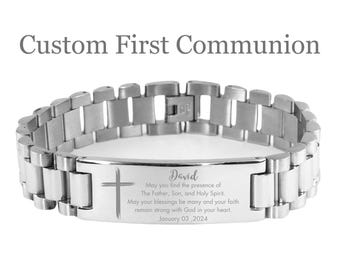 Personalized First Communion Bracelet Engraved Cross Jewelry for Boys Christian Faith Gift for Son, Grandson, Godson Religious Keepsake Boys