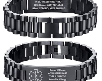 Personalized Medical ID bracelets for Men, Autism Allergy Diabetic Epilepsy Customized Stainless Steel ID Bracelets Engraved Emergency Medic