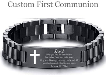 Personalized Gift for First Communion Bracelet Custom Engraved Bracelet Name Black Stianless Steel Gift for Boys Christian Bible Verse Gift
