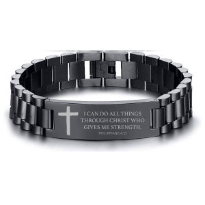 May include: A black stainless steel bracelet with a silver cross and the inscription "I can do all things through Christ who gives me strength. Philippians 4:13"