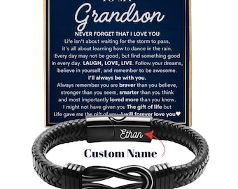 Grandson Bracelet Custom Name Gift from Grandma Grandpa Nana, Personalized Leather Bracelet  Birthday, Graduation, Christmas for Grandson