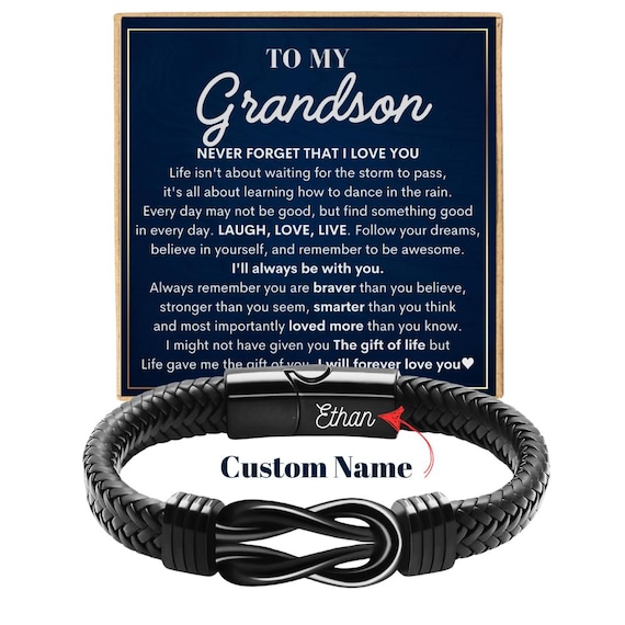 Grandson Bracelet Custom Name Gift from Grandma Grandpa Nana, Personalized Leather Bracelet  Birthday, Graduation, Christmas for Grandson