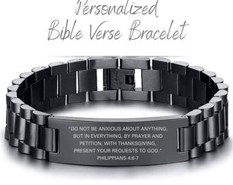 Custom Bible Verse Engraved Bracelet Personalized Black Bracelet Motivational Scripture Religious Christian Gift for Him, Psalms Bracelet