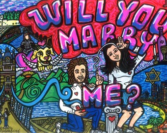 Custom Love story painting printable Will you marry me banner Proposal illustration party decoration, Propose boyfriend girlfriend