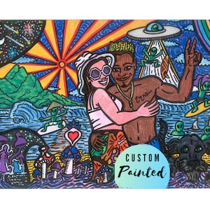 Custom Colorful portrait, Psychedelic wedding gift for the couple, Art commission painting, Personalized Trippy Wall art Decor hand painted