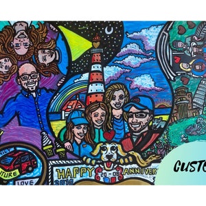 Creative family portrait with dog, Family photo cartoon Commission Portrait, Custom hand painting of family pet portrait, psychedelic art