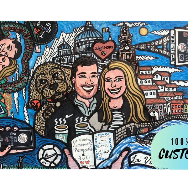 Personalized anniversary poster, fiance gift for him, 1 year anniversary gift for boyfriend romantic couple cartoon portrait Custom painting