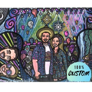 Dipinto ritratto personalizzato colorato, arte murale psichedelica personalizzata per coppia, regalo d'amore felice per anniversario, disegno fotografico di una storia romantica
