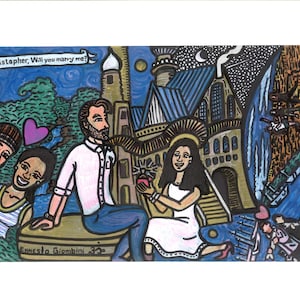 La nostra storia pittura Proposta di matrimonio personalizzata, Proponi a lui, Mi sposerai cartone animato Ritratto di coppia personalizzato, Biglietto di fidanzamento personalizzato