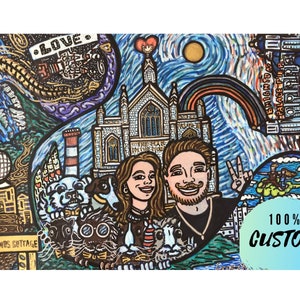 Story of us hand drawn portrait, Custom art from photo quirky, Custom couple portrait with pet Funny Family portrait, Custom Pet portrait