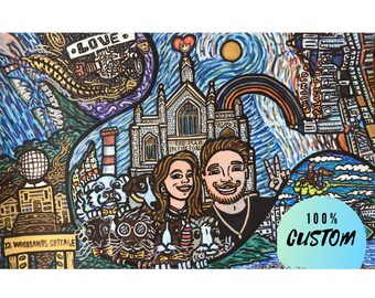 Story of us hand drawn portrait, Custom art from photo quirky, Custom couple portrait with pet Funny Family portrait, Custom Pet portrait