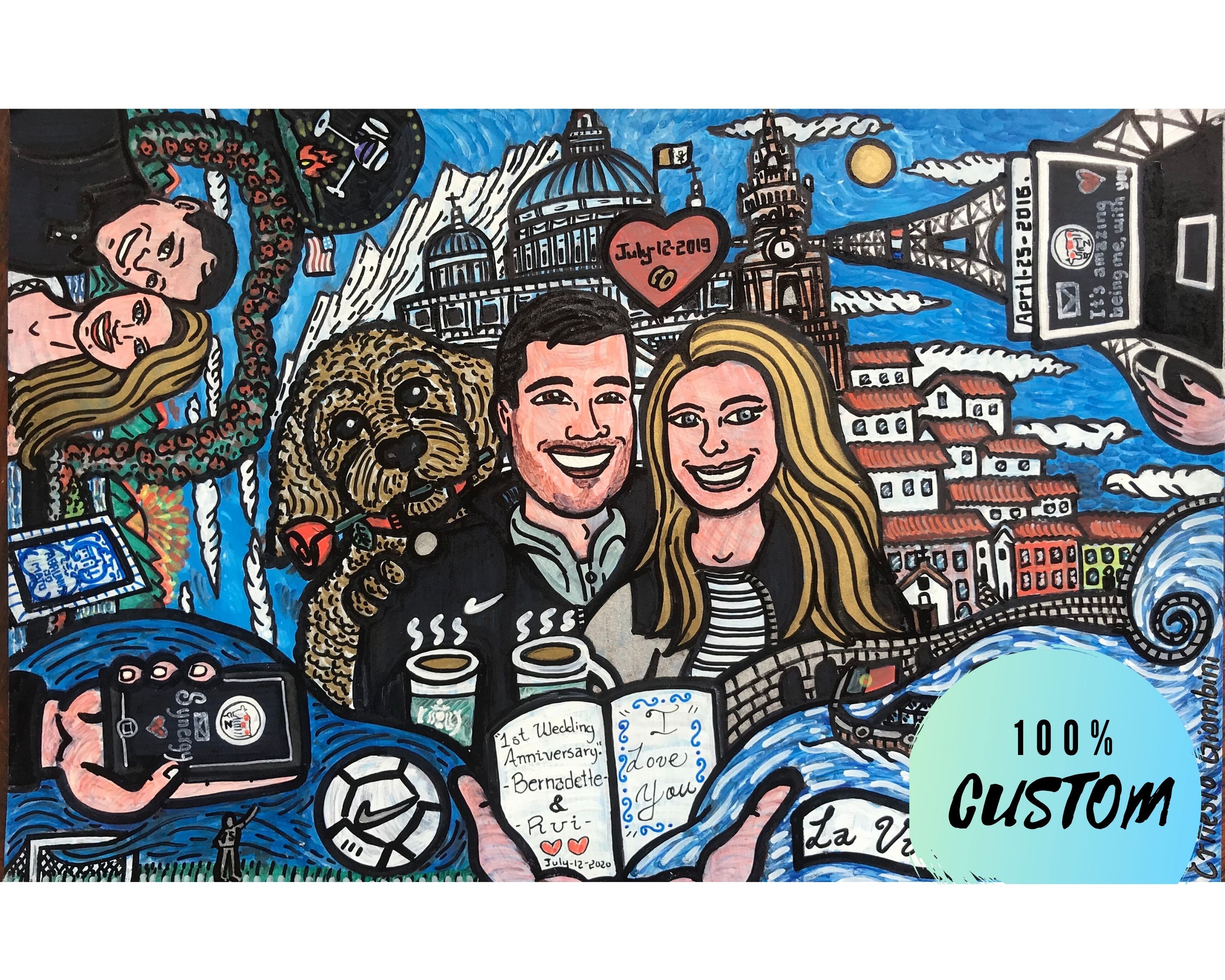 Commission portrait couple, 1 year anniversary gift for husband, Paper anniversary gift for him, Reasons I love you more Anniversary card