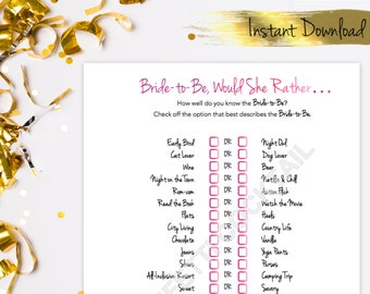 Bridal Shower Game - Would She Rather Bridal Shower Game - Bridal Shower Printables - Bridal Shower Ideas