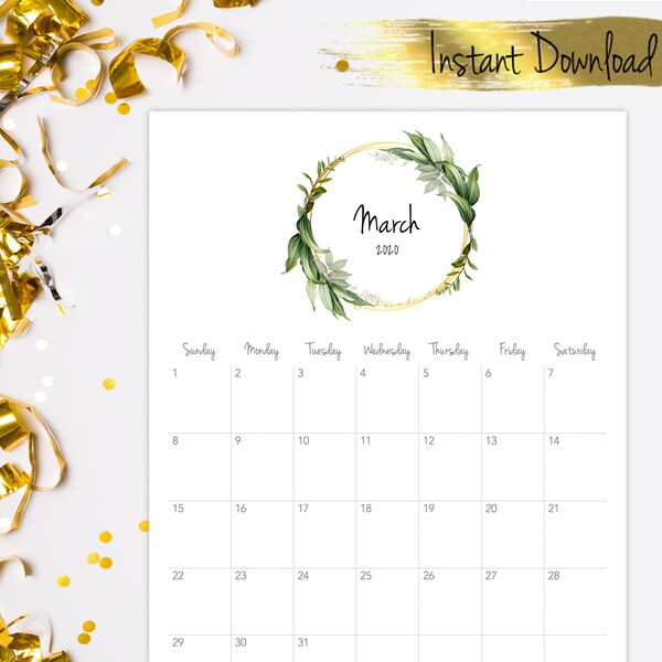 2020 Calendar Printable - Desk Calendar 2020 - 2020 Wall Calendar Greenery Wreath - 2020 Calendar - Desk Calendar