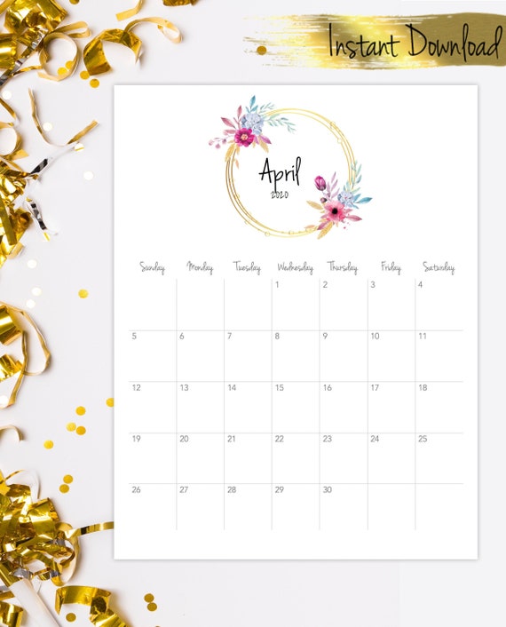 2020 Calendar Printable Desk Calendar 2020 2020 Wall Calendar Floral Wreath 2020 Calendar Desk Calendar