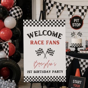 Editable Racecar Birthday Party Welcome Sign , Racing Birthday Party Sign Two Fast One Birthday Party Decor Welcome Race Fans Poster 708 WS1