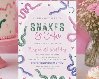 May include: A birthday party scene with a cake, cupcakes, and a party invitation. The invitation reads "Snakes & Cake" and includes details for Maggie's 8th birthday. The cake is decorated with snake-shaped icing.