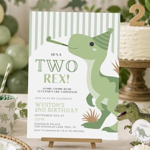 May include: A rectangular birthday invitation card featuring a green cartoon dinosaur wearing a party hat and holding a party blower. The text reads: HE'S A TWO REX! STOMP, CHOMP, ROAR. LET'S PARTY LIKE A DINOSAUR. JOIN US AS WE CELEBRATE WESTON'S 2ND BIRTHDAY.