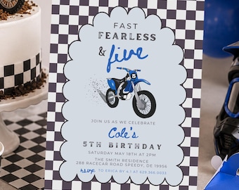 Editable Fast & Five Dirtbike Birthday Party Invitation Boy Racing Dirt Bike 5th Birthday Invitation Checkered Flag Instant Download 754D