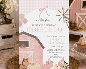 Three-I-E-I-O Birthday Invitation, 3rd Birthday Party Tractor and Farm Animal Theme, Editable Canva Template Digital Download 027A