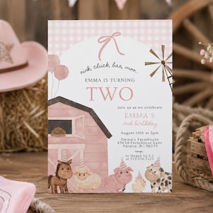 May include: A pink and white birthday invitation with a farm theme. The invitation features a pink barn illustration, farm animals, and the text "EMMA IS TURNING TWO". A pink cowboy hat and a toy cow are also visible.