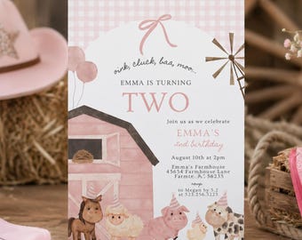 Farm Animal Second Birthday Invitation Girl | Farm Girl 2nd Birthday | Coquette Bows Farm Birthday, Birthday Invitation Template 027D