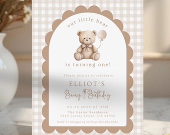 Gingham Beary 1st Birthday, Editable Bear Birthday Invitation, Teddy Bear Neutral Invite Beary First Teddy Bear Boy 1st Birthday 472B