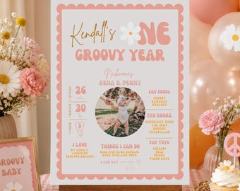 Groovy One Birthday Milestone Poster, Retro Milestone Poster, Hippie 70's Peace Sign 1st Birthday Instant Editable Template, 734MP