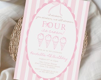 Ice Cream 4th Birthday Invitation, Coquette Bows Hand Drawn I scream You Scream We All Scream Four Ice Cream, Invite Download 604E