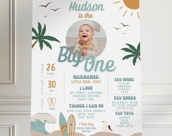 The Big One Milestone Sign, 1st Birthday Milestone Poster, Surf Beach Theme, Surfs Up, Boy Birthday Party, Kids, Digital Download 098MP1