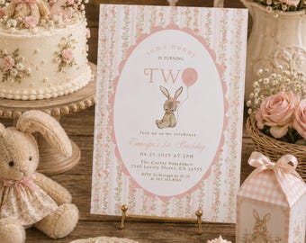 Coquette Easter Bunny Birthday Day Invitation, Vintage Some Bunny Birthday Invitation, Spring Girl 2nd Birthday, Bows Template 702B