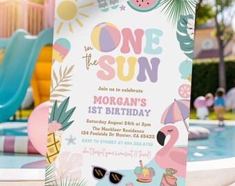 Editable Tropical Summer Splish Splash One In The Sun 1st Birthday Party Invitation Girl 1st Birthday Party Pool Party Instant Download 552C
