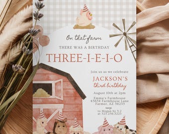 Three-I-E-I-O Birthday Invitation, 3rd Birthday Party Tractor and Farm Animal Theme, Editable Canva Template Digital Download 094A