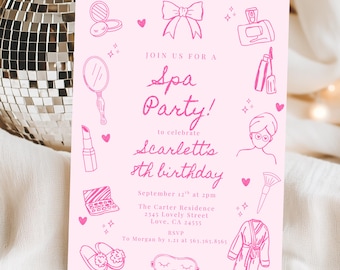Girls Spa Birthday Invite Spa Party Birthday Invitation Pamper Party Hand Drawn Doodle Glam Party Birthday Template Pink Bow Trendy 624B