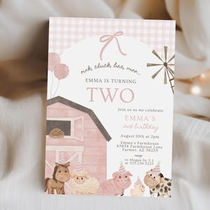 Farm Animal Second Birthday Invitation Girl | Farm Girl 2nd Birthday | Coquette Bows Farm Birthday, Birthday Invitation Template 027D