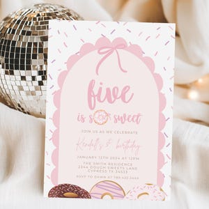Five is So Sweet Birthday, Girl 5th Birthday Party Invitation, Pink Donut Birthday Party Instant Download Bows Coquette Vintage 716XL