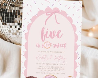 Five is So Sweet Birthday, Girl 5th Birthday Party Invitation, Pink Donut Birthday Party Instant Download Bows Coquette Vintage 716XL
