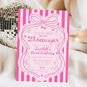 Little Miss Threenager, Threenager Fashion & Makeup, Girl 3rd Birthday Invitation, Coquette Hand Drawn Bow,  588C