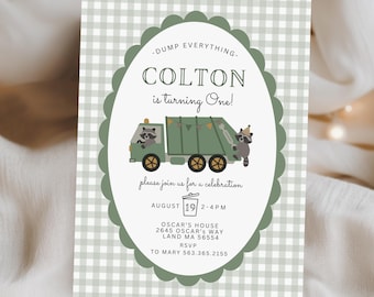 Dump Truck Birthday Invitation Template, Garbage Truck Birthday Party, Raccoon Trash Truck Invite, Editable Canva Template Any Age 618B