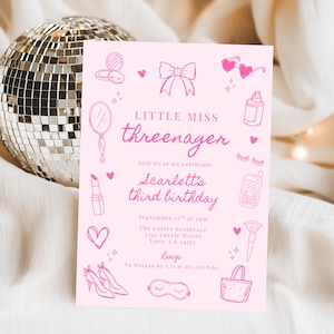 Little Miss Threenager, Threenager Fashion & Makeup, Girl 3rd Birthday Invitation, Coquette Hand Drawn Bow,  588B