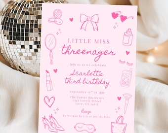 Little Miss Threenager, Threenager Fashion & Makeup, Girl 3rd Birthday Invitation, Coquette Hand Drawn Bow,  588B