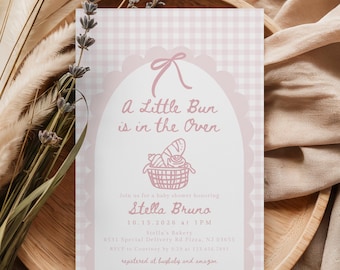 Bun in the Oven Baby Shower Invitation Editable Hand Drawn Invite Whimsical Girl Pink Baby Shower Template Coquette Bow Aesthetic 485A