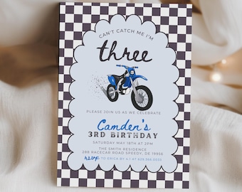 Bewerkbaar Can't Catch Me I'm Three Crossmotor verjaardagsfeestje uitnodiging jongen Racing Dirt Biking 3e verjaardagsuitnodiging Instant Download 754C