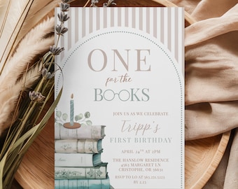 One for the books, Boy Book First Birthday Invitation, Book Themed Birthday Party, Library Theme Party Coquette, Editable Instant 572C