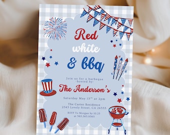 Invitación del Día de los Caídos, barbacoa del Día de los Caídos, invitación patriótica, invitación del 4 de julio, rojo, blanco y azul, coqueta dibujada a mano Día del Trabajo 714B