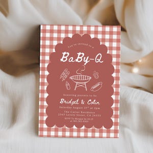 May include: A baby shower invitation with a red and white gingham pattern background. The invitation features a scalloped border with the text "BaBy-Q" and details for Bridget & Colin's baby shower, including date, time, and location.